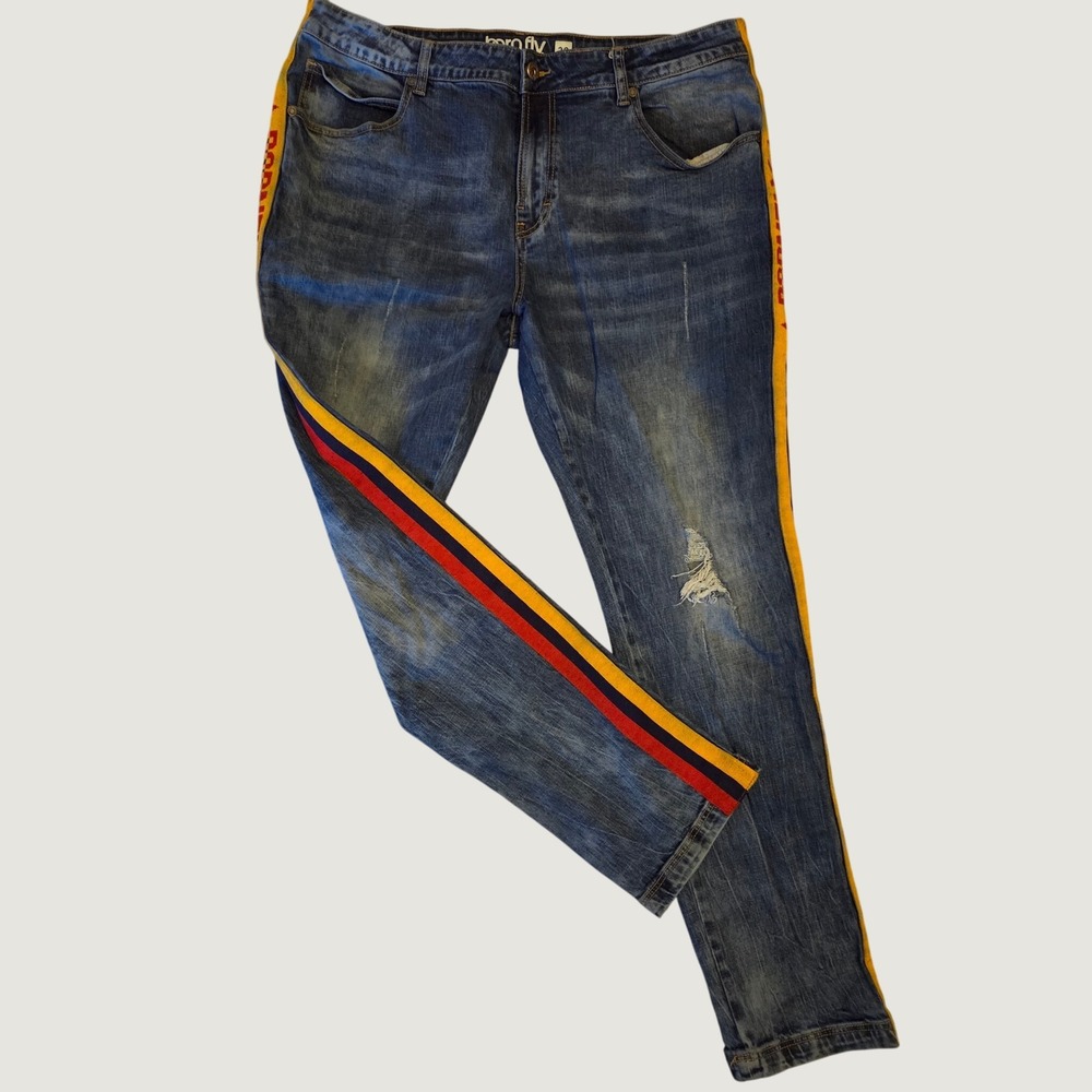 Born Fly Mens Distressed Side Stripe Denim Jeans Blue SZ 38 Streetwear Y2K VTG